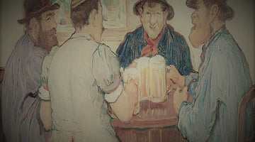 Painting of four friends sitting at a table enjoying pints of beer