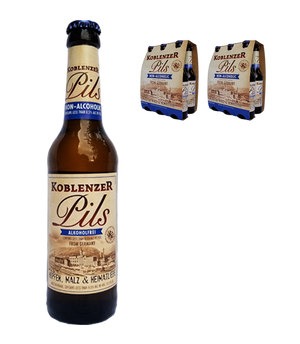 Elegant images of one bottle of Koblenzer non-alcoholic beer and two six-packs of Koblenzer non-alcoholic beer. The best non-alcoholic beer available in the United States. A premium NA pilsner from Germany with a great, crisp and refreshing taste! 