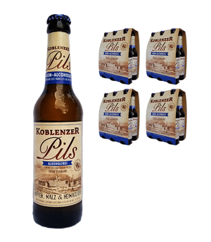 Images of one large Koblenzer non-alcoholic beer bottle and four elegant six-packs of Koblenzer non-alcoholic beer bottles. The best non-alcoholic beer available in the United States. A premium NA pilsner from Germany with a great, crisp and refreshing taste! 